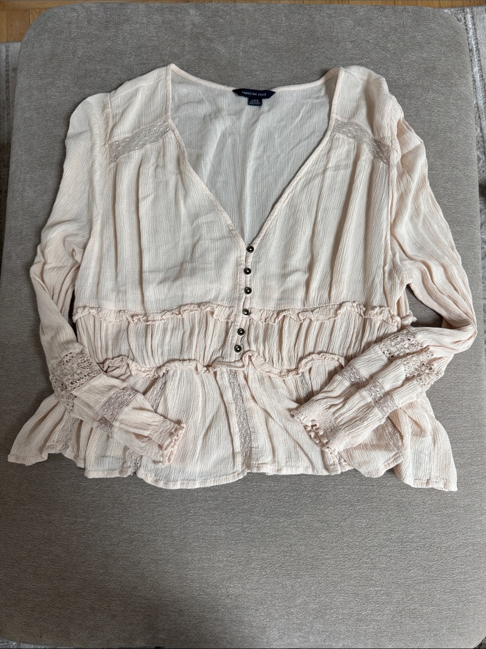 American Eagle Outfitters Light Pink Peplum Ruffle Button Blouse